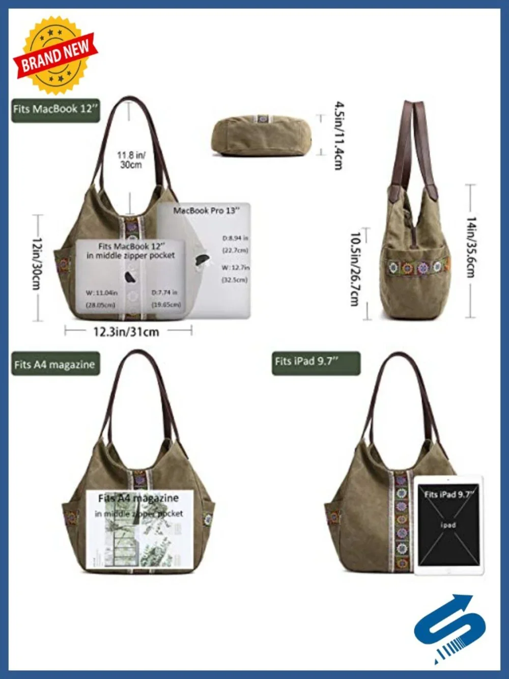 Canvas Hobo Purse Tote Multi Pocket Shoulder Bag Embroidery Ethnic